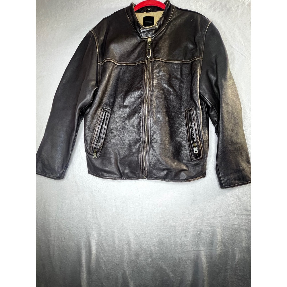 Express Genuine Leather Jacket Mens Medium Brown Moto Cafe Racer Zip Distressed